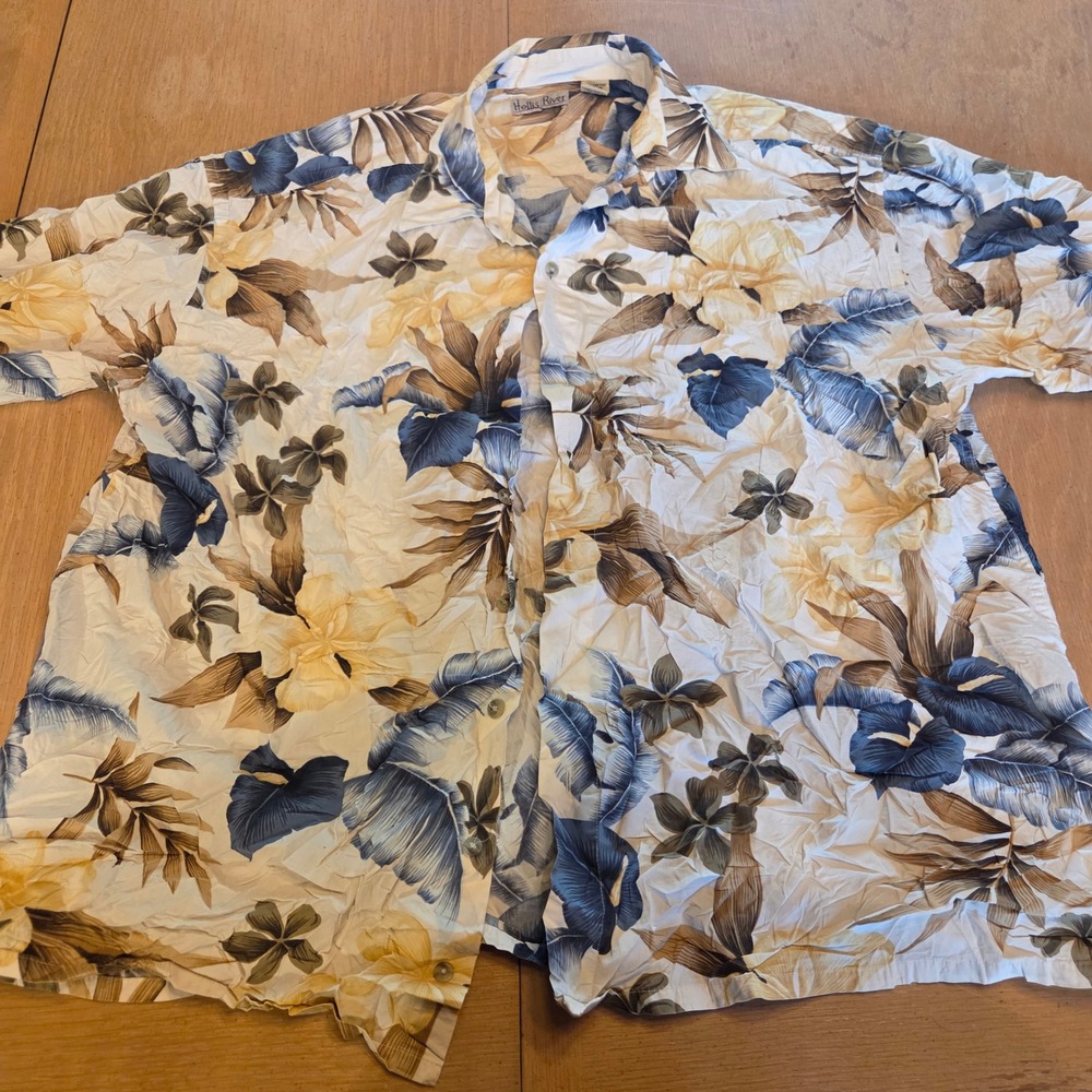 Hollis River 2XL Floral Hawaiian Shirt Cotton Short Sleeve Tropical Blue Tan